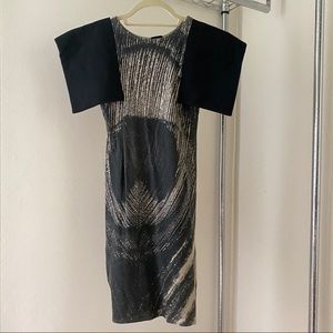 SOLD MEEM feather print crazy shoulders dress